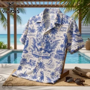 Jimmy Buffett Island Time Toile Hawaiian shirt featuring blue nautical and tropical patterns on a white background.