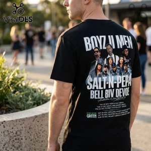 Black cotton t-shirt featuring printed tour graphics for Boyz II Men, Salt-N-Pepa, and Bell Biv Devoe concert dates.!