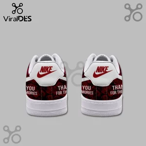 Custom Nike sneakers with dark red rose pattern and text reading You For The Memories on white leather heel tabs.!