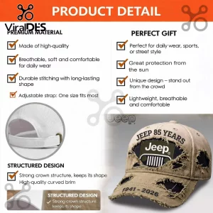 Beige distressed baseball cap with Jeep 85 Years text, Jeep logo patch, and 1941-2026 embroidery on a white background.!