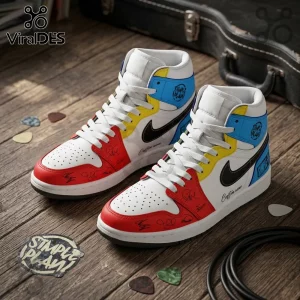 Simple Plan Bigger Than You Think Tour High-Top Sneakers featuring white, red, and blue panels with black signatures.