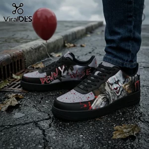Custom Pennywise Horror Movie Air Force 1 Sneakers featuring grey leather, blood splatter, and clown graphics on asphalt.