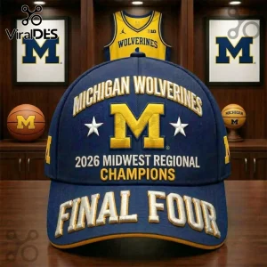 Michigan Wolverines navy blue baseball cap with embroidered text 2026 Midwest Regional Champions and Final Four.!