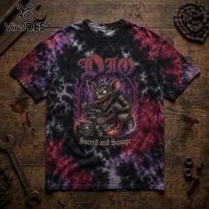 Black and purple tie-dye t-shirt featuring a rat driving a hot rod with DIO text and Sacred and Savage graphics.!