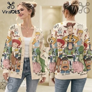 Beige button-up cardigan featuring colorful Disney Pixar Toy Story character prints including Woody, Buzz, and Rex.!