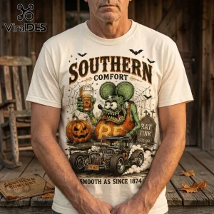 Rat Fink Southern Comfort Halloween Mascot T-Shirt featuring a green rodent holding a glass, a pumpkin, and hot rod.