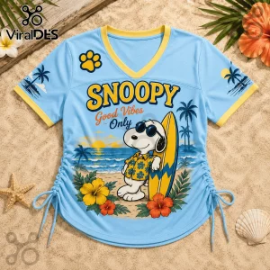 Snoopy Good Vibes Light Blue Lace-Up Jersey featuring Snoopy with sunglasses and surfboard on a beach print.