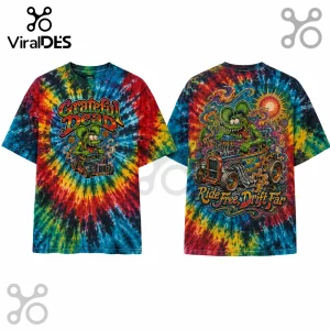 Grateful Dead tie-dye t-shirt featuring a green rat driving a hot rod with Ride Free, Drift Far text and sun graphic.!