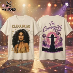 Diana Ross I'm Coming Out Cotton T-Shirt with singer portrait on front and disco performance graphic on back.