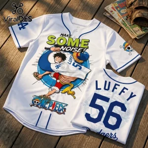 One Piece Luffy baseball jersey in white with blue trim featuring Monkey D. Luffy and text Make Some Noise on wood deck.!