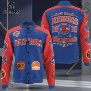 New York Knicks varsity jacket in blue and orange with multiple team logo patches and 2026 champions graphic on the back.!