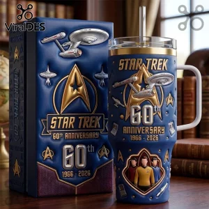 Star Trek 60th anniversary blue textured stainless steel tumbler with gold USS Enterprise emblem and character art.!