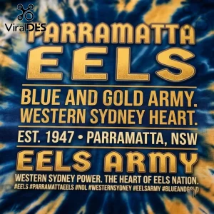 Parramatta Eels Blue and Gold Tie Dye T-Shirt with printed typography and text regarding Western Sydney rugby history.