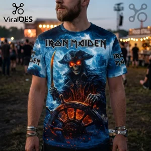Iron Maiden graphic t-shirt featuring a skeletal pirate captain with glowing red eyes at a ship wheel on a stormy background.!