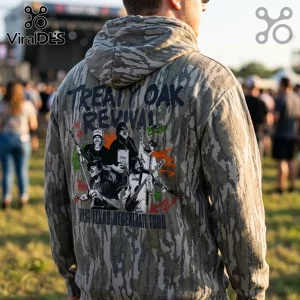 Treaty Oak Revival West Texas Degenerate Tour hoodie in camo print with a band graphic on the back at an outdoor concert.!