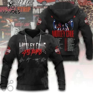 Motley Crue Carnival of Sins 2026 Tour black hoodie with graphic prints, 45 years text, and band member signatures.