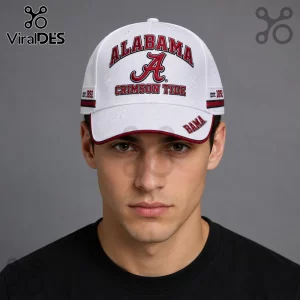 Alabama Crimson Tide Premium White Baseball Cap featuring red team lettering, script logo, and subtle embossed patterns.