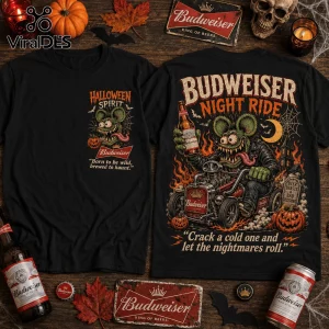 Budweiser Born To Be Wild Halloween Rat Fink T-Shirt featuring a cartoon rodent driving a hot rod on a black cotton tee.