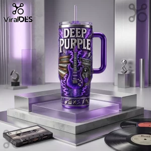 Deep Purple Rock Band Purple 40oz Stanley Tumbler featuring a graphic electric guitar, keyboard, and lightning accents.