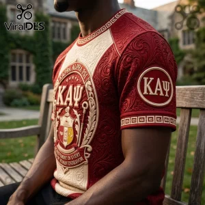 Kappa Alpha Psi crimson and cream textured t-shirt with KAU Greek letters and ornate damask patterns on a man.!