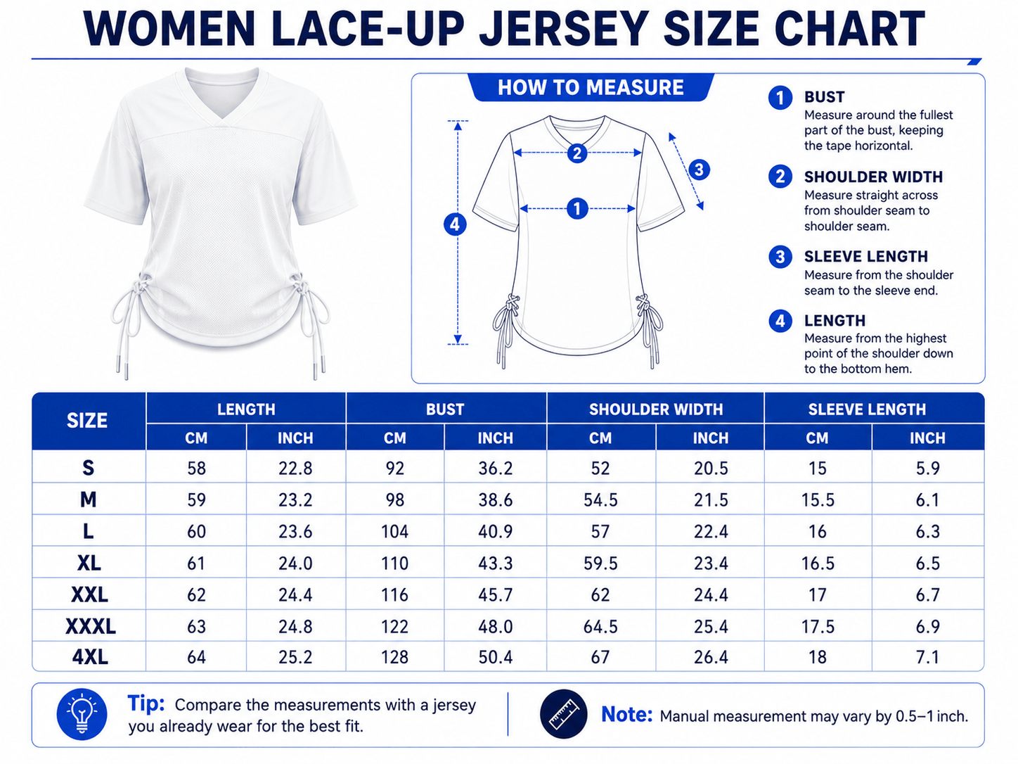 Women's Lace-Up Jersey Size Chart