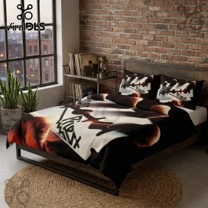 Judas Priest British Steel album art bedding set on a metal frame bed in a room with a brick wall and window view.!