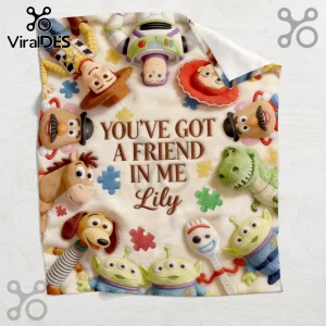 Toy Story fleece blanket with Woody, Buzz, Jessie, and friends surrounding text reading You've Got A Friend In Me Lily.!