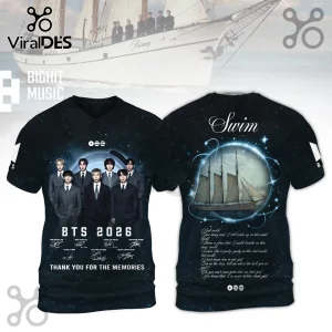 BTS 2026 Thank You For The Memories Signatures Hoodie featuring black graphic fabric with member photos and a sailboat.