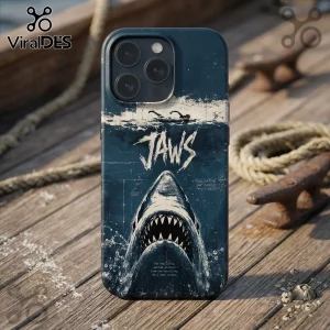 Jaws Bigger Boat Vintage Great White Shark phone case featuring a distressed film poster print on a dark blue background.