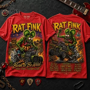 Red Rat Fink graphic t-shirt featuring a green rat character driving a hot rod, fire graphics, and vintage typography.!