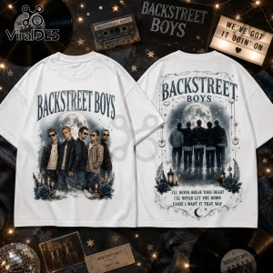 White graphic t-shirt featuring Backstreet Boys members, a full moon, and lyrics printed on the front and back.!