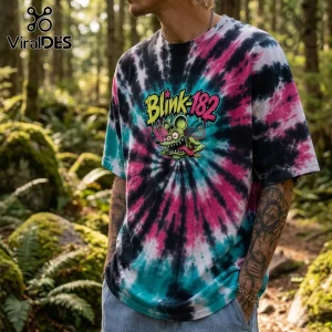 Blink-182 graphic t-shirt with pink, black, and teal spiral tie-dye print featuring a cartoon rat mascot on the chest.!