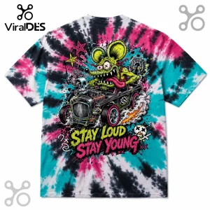 Tie-dye t-shirt with pink, blue, and black swirls featuring a cartoon rat driving a hot rod with Stay Loud Stay Young text.!