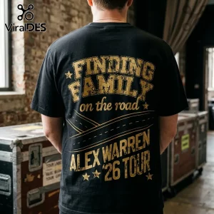 Black cotton t-shirt featuring gold distressed text reading Finding Family on the road and Alex Warren 26 Tour with stars.!