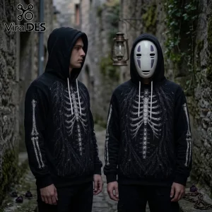 No Face Kaonashi Skeleton Streetwear Hoodie in black with white skeleton ribcage graphic and character mask.