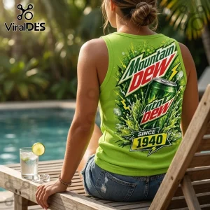 Mountain Dew Neon V-Neck Tank Top featuring a retro soda can graphic and 1940 branding on a bright lime green fabric.