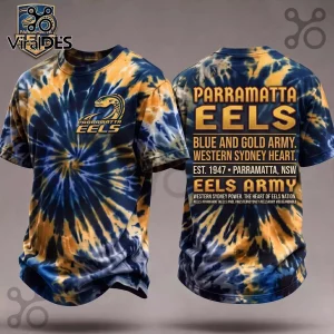 Parramatta Eels Blue and Gold Tie Dye T-Shirt showing front team logo and back print with Western Sydney slogan text.