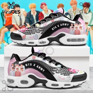 BTS x ARMY Pattern Athletic Running Shoes featuring cartoon character prints, member photos, and a black and pink design.