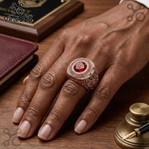 Delta Sigma Theta rose gold ring featuring a central red stone with Greek letters and ornate side detailing on a finger.!