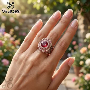 Delta Sigma Theta sorority ring in gold with a large center ruby, diamond accents, and 1913 engraving on a finger.!