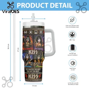 KISS band stainless steel tumbler with straw, featuring Demon, Starchild, Spaceman, and Catman portraits and logo.!