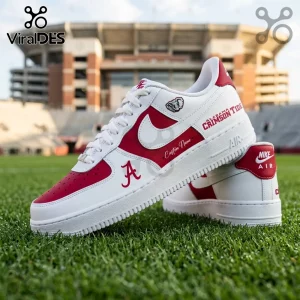 Custom Alabama Crimson Tide sneakers with white and red leather, team logos, and text on a football field background.!