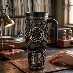 Depeche Mode Violator 40oz handle tumbler featuring a 3D embossed black rose, mechanical gear accents, and chains.