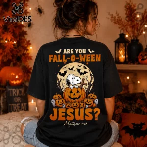 Snoopy Fall-O-Ween Jesus two-sided black T-shirt featuring Snoopy, pumpkins, bats, and text on the back.