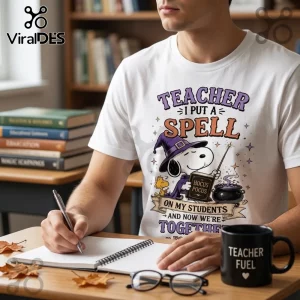 Snoopy Hocus Pocus Teacher Coffee White T-Shirt featuring Snoopy as a wizard holding a wand and a spellbook.