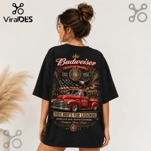 Black oversized t-shirt featuring a Budweiser graphic with a red vintage truck, American flag, eagle, and text elements.!