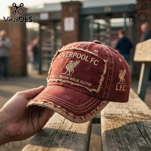 Distressed maroon Liverpool FC baseball cap with embroidered liver bird logo and You'll Never Walk Alone text.!