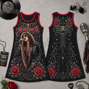 Aerosmith tank dress featuring Steven Tyler with red roses and silver filigree patterns on black fabric with red trim.!