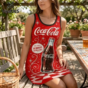 Woman wearing red Coca-Cola sleeveless dress with vintage bottle graphic, white starbursts, and checkerboard hem pattern.!