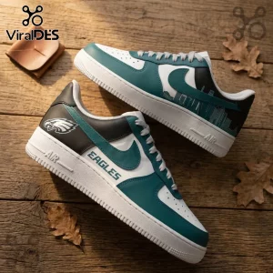 Philadelphia Eagles Skyline Custom Air Force 1 Sneakers in teal, white, and black with city silhouette and team branding.